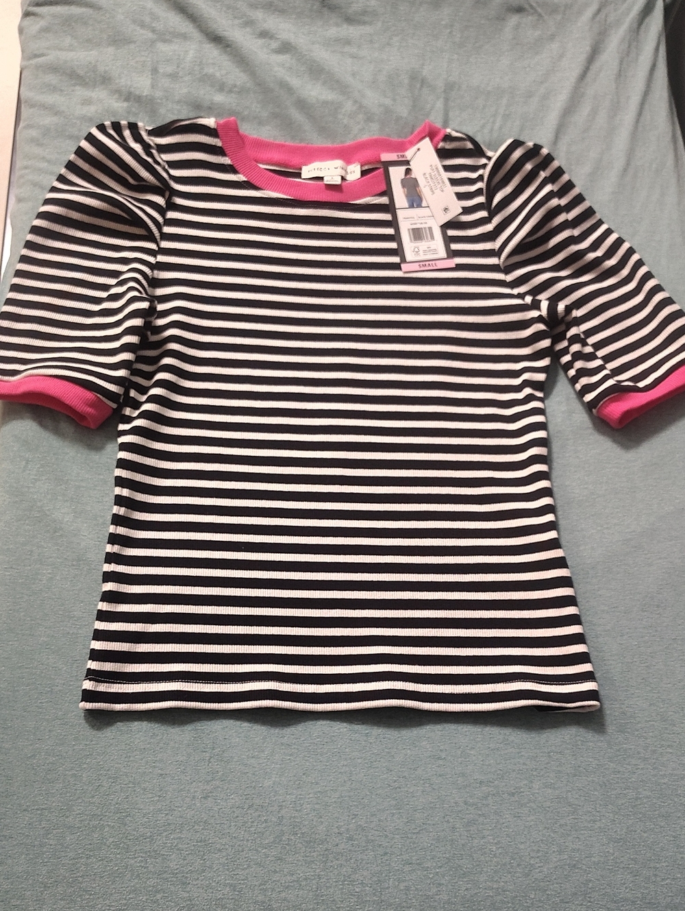 Rebecca Minkoff Black & White Striped Tee with Pink Trim Puffed Sleeves